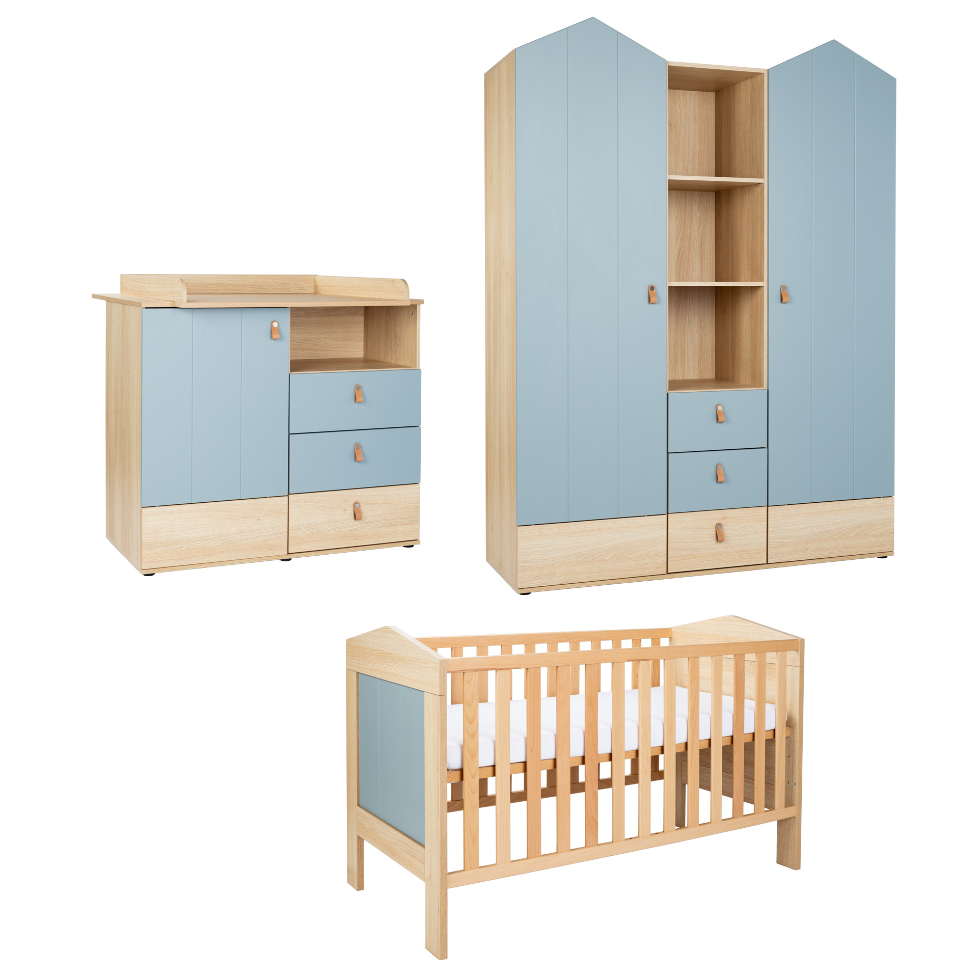 Arthur Berndt Babyzimmer ROOFY 3-tlg. mit 2 türigem Kleiderschrank, Kinderbett und Wickelkommode in Salbei und Nagano Oak NB