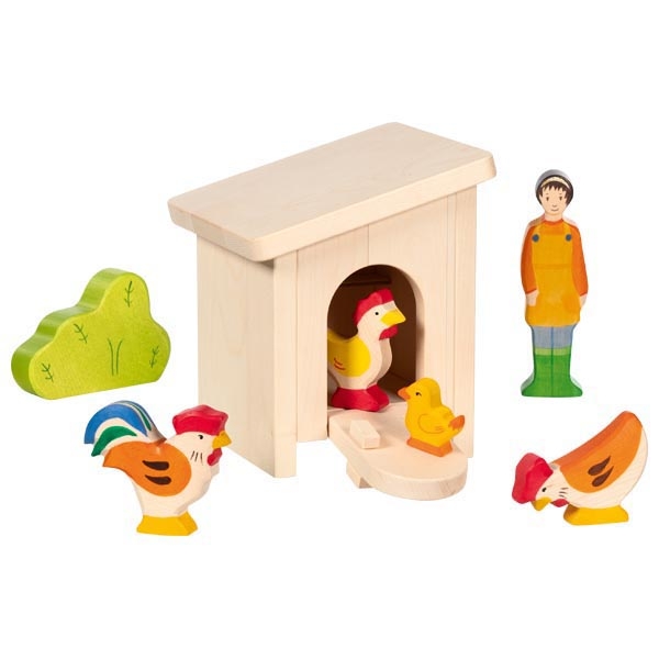 HOLZTIGER Kleiner Stall mit Hühnern - Hühnerstall | Holzspielzeug Profi