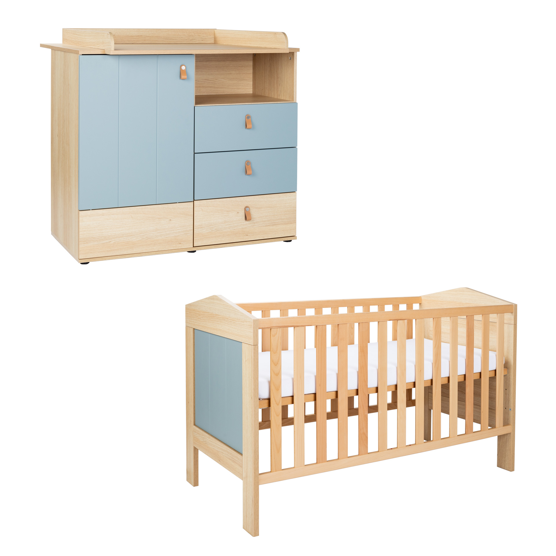 Arthur Berndt Babyzimmer ROOFY 2-tlg. mit 2 türigem Kinderbett und Wickelkommode in Salbei und Nagano Oak NB - Holzspielzeug Profi