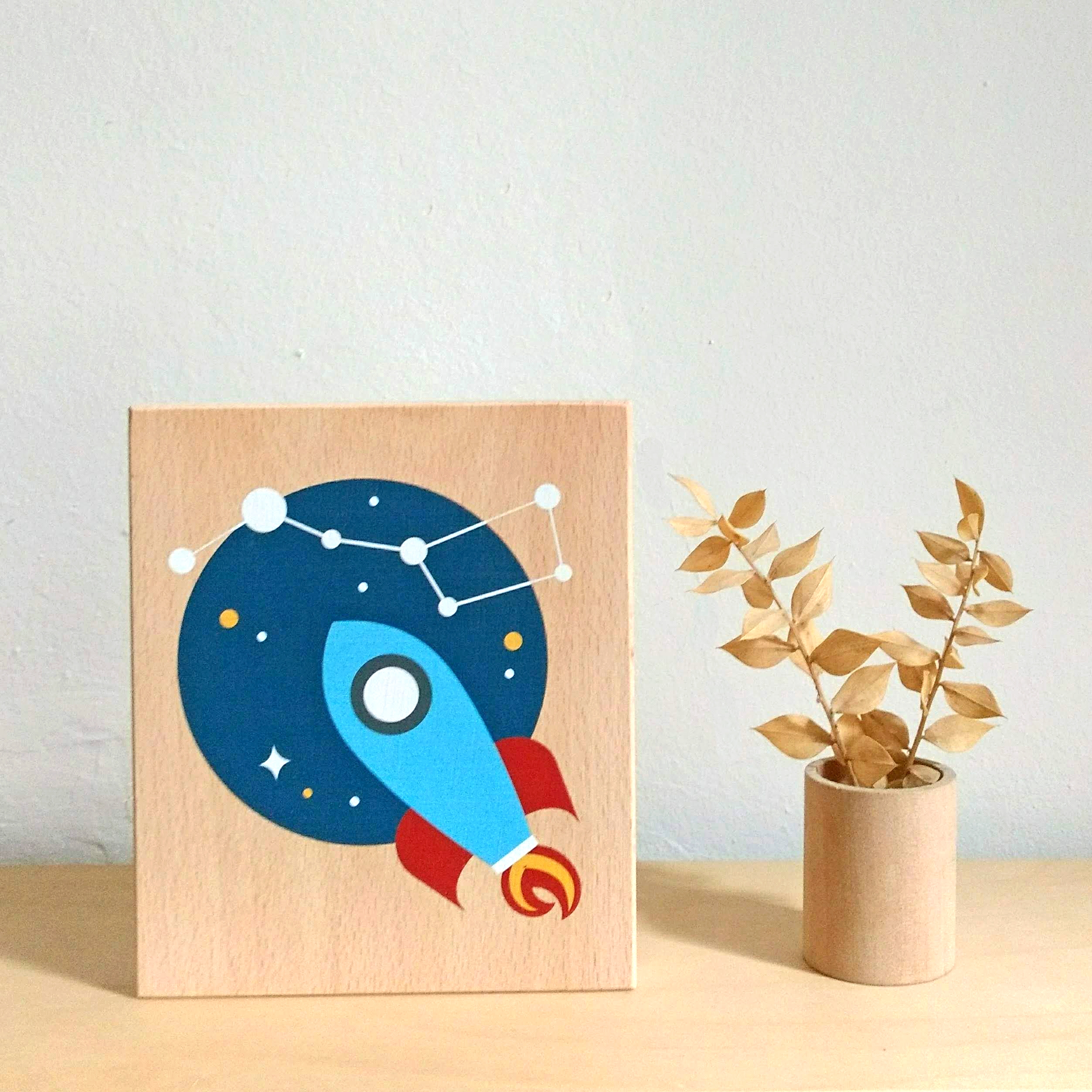 Lubulona Holzbild Illustration Rakete