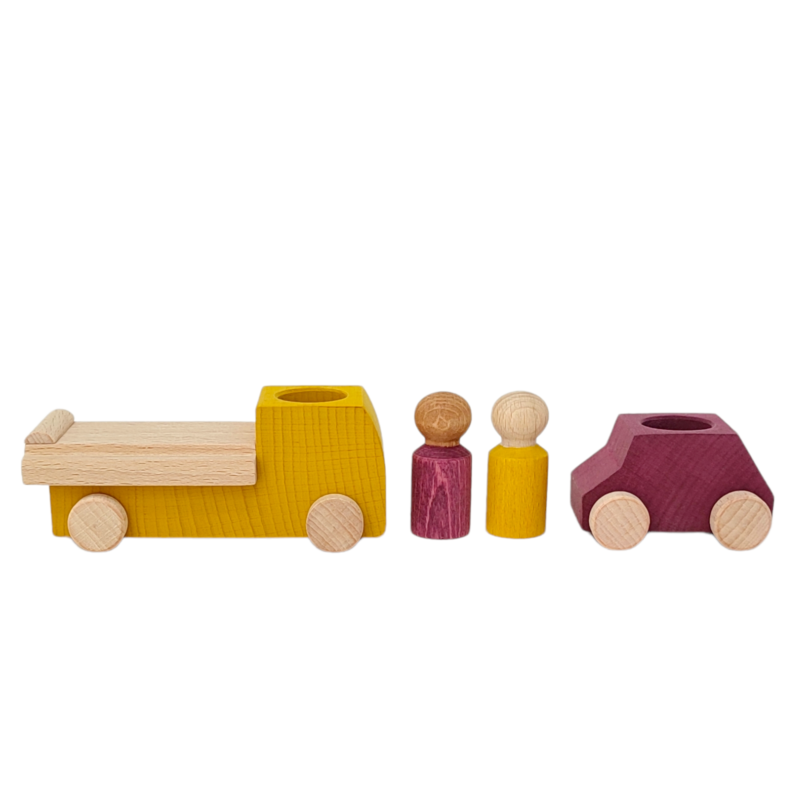Lubulona Gelber Abschleppwagen mit Holzfiguren